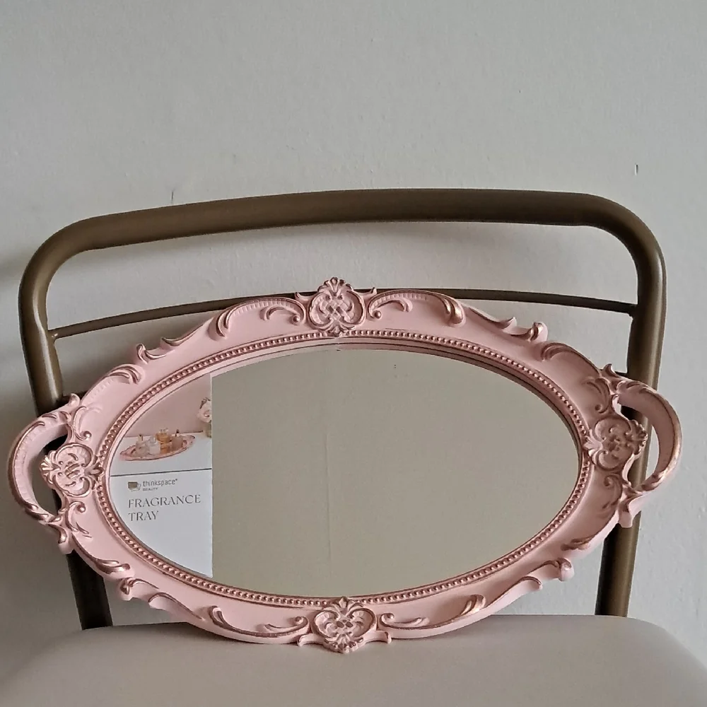 New!Ornate Pink Oval Vanity Mirror Tray
